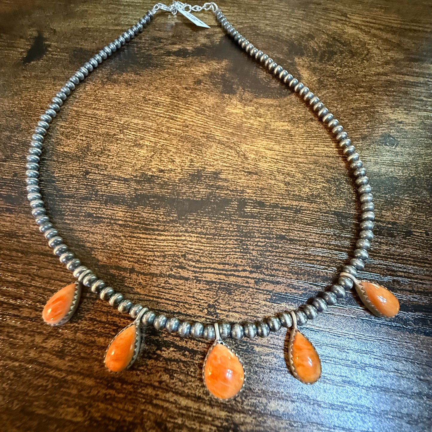 Southwestern Orange Spiny Oyster Gemstone Choker Necklace With 3mm Sterling Silver Beads