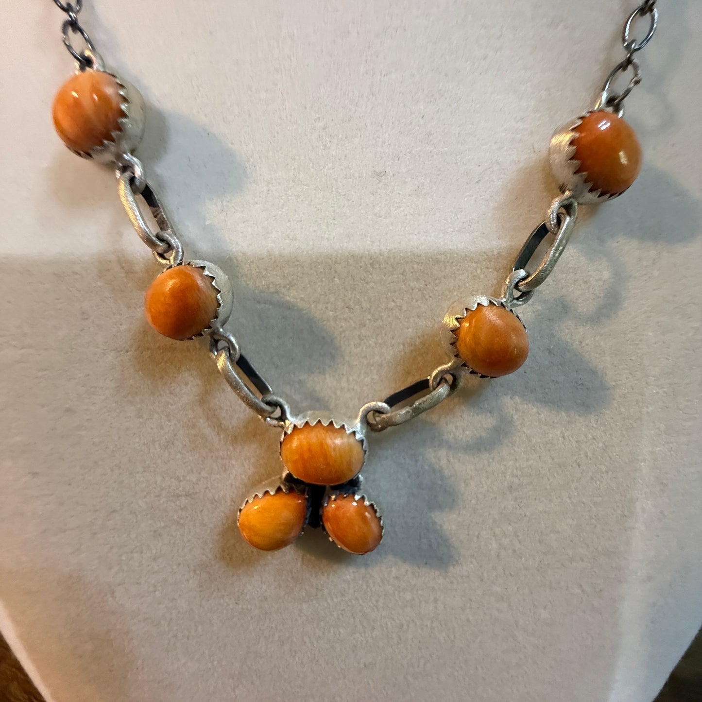 Navajo Style Orange Spiny Oyster Gemstone Lariat Necklace Sterling Silver