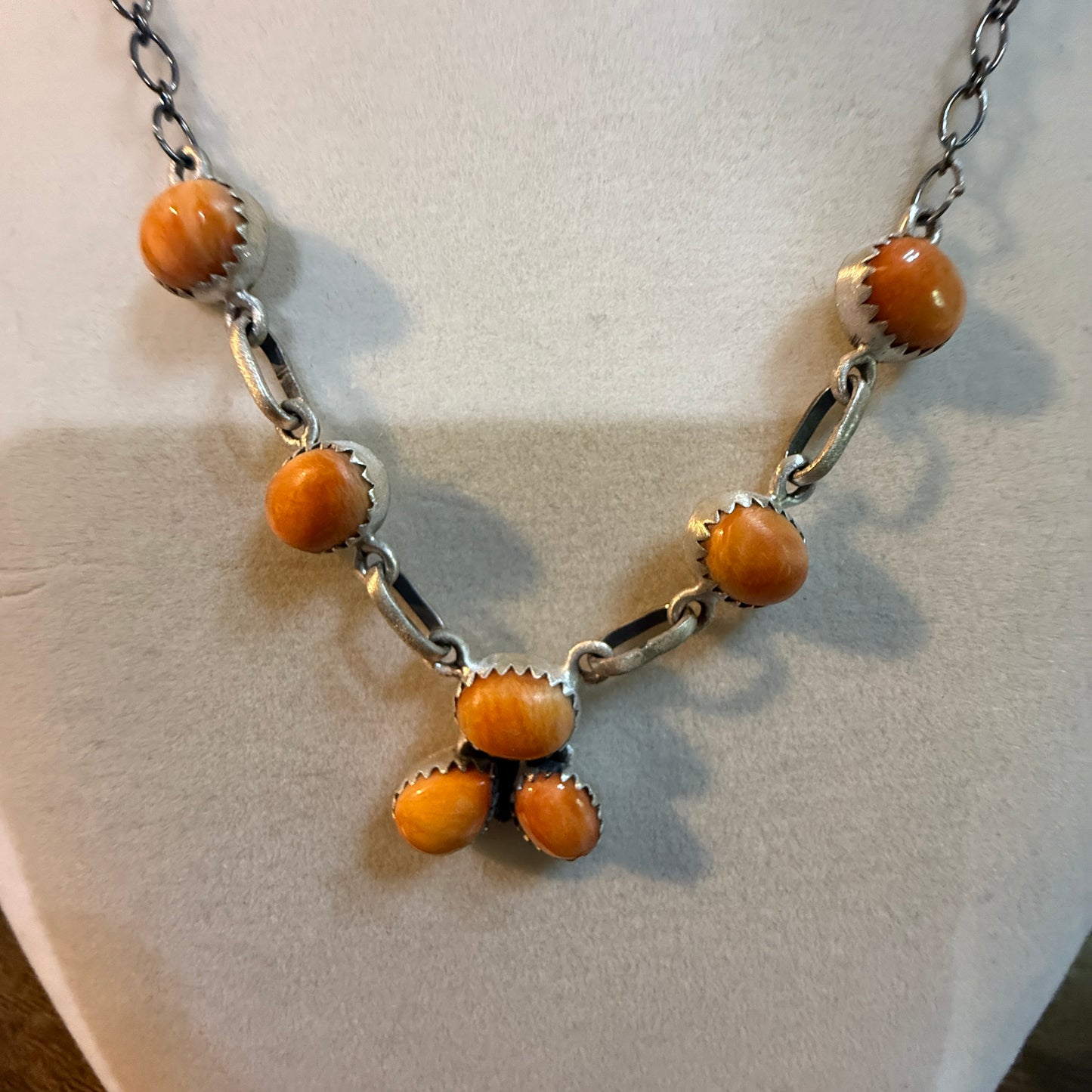 Navajo Style Orange Spiny Oyster Gemstone Lariat Necklace Sterling Silver