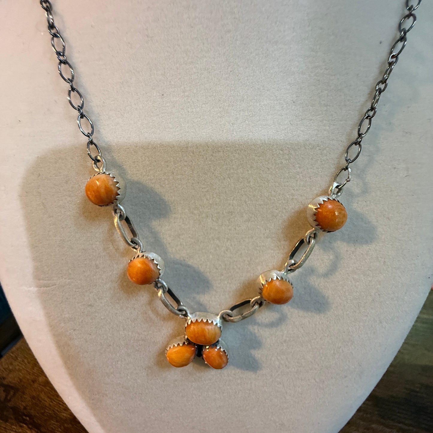 Navajo Style Orange Spiny Oyster Gemstone Lariat Necklace Sterling Silver
