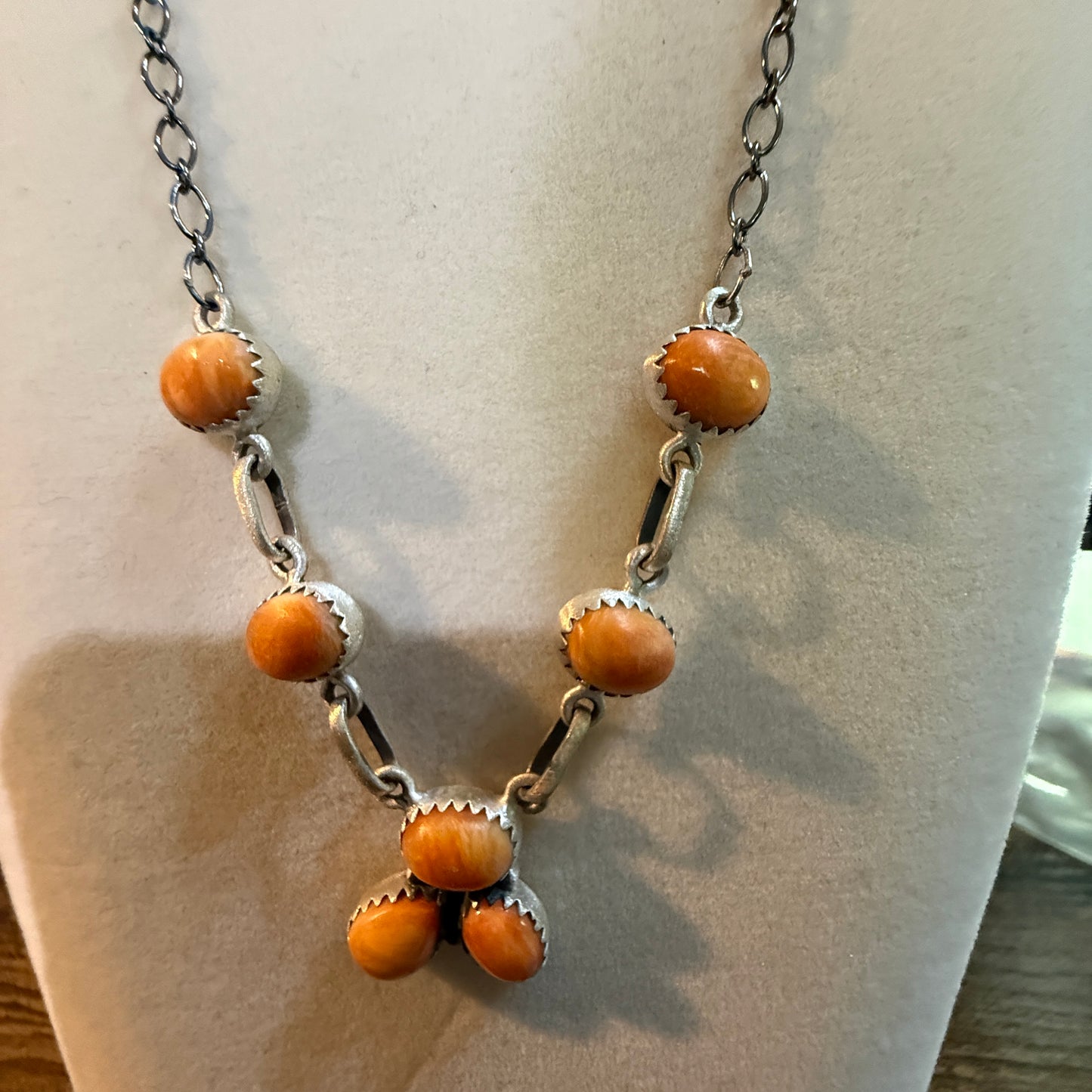 Navajo Style Orange Spiny Oyster Gemstone Lariat Necklace Sterling Silver