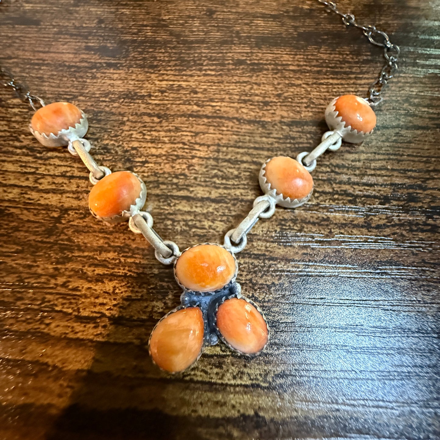 Navajo Style Orange Spiny Oyster Gemstone Lariat Necklace Sterling Silver