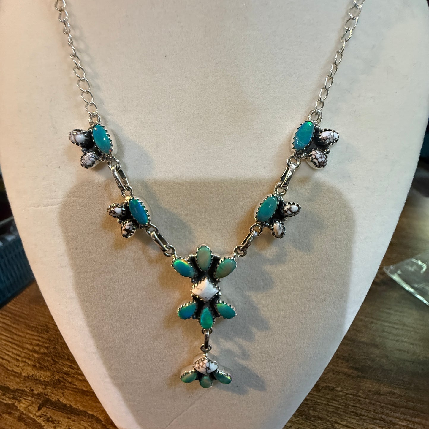 Green Abony and Wildhorse Turquoise Gemstone Lariat Necklace in Sterling Silver