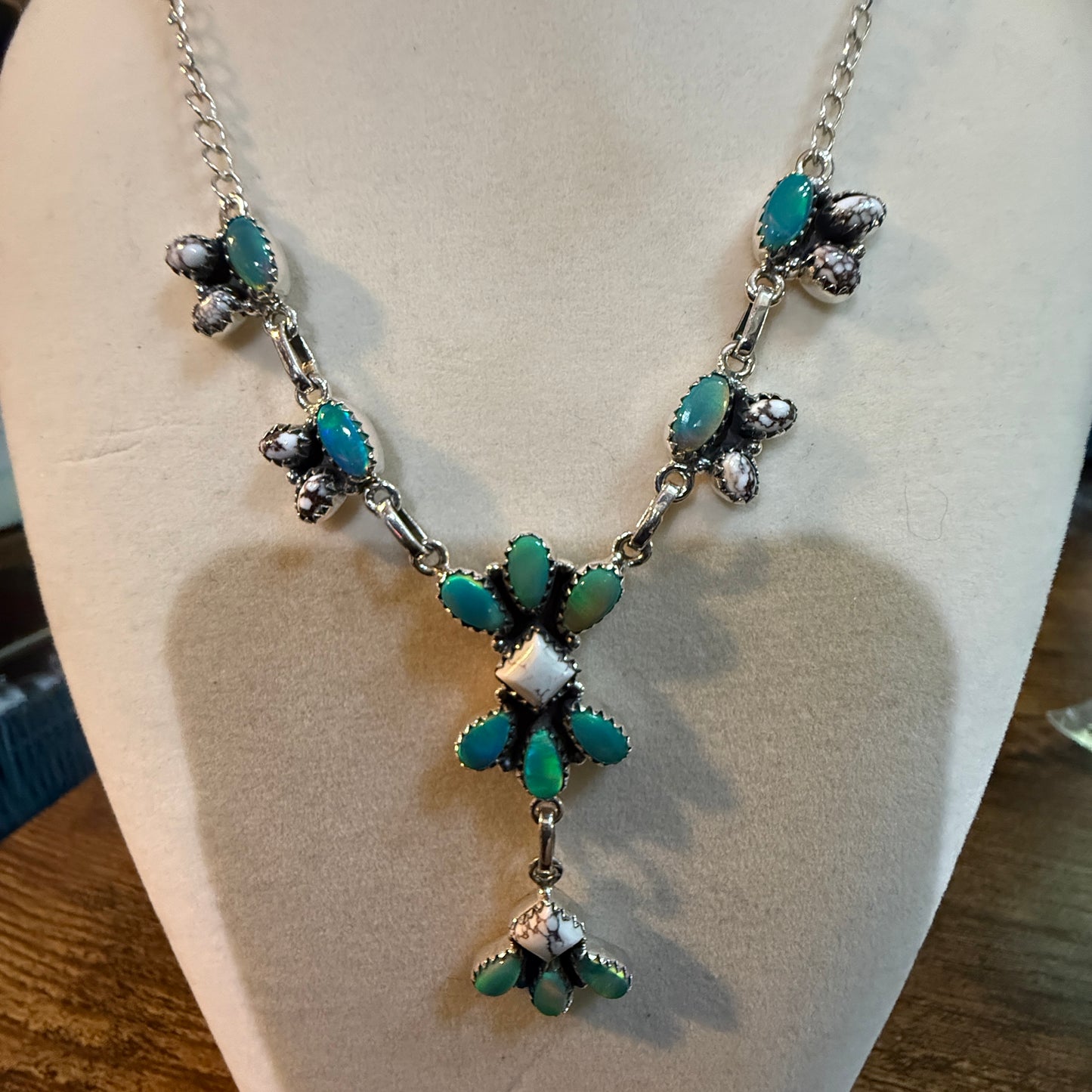 Green Abony and Wildhorse Turquoise Gemstone Lariat Necklace in Sterling Silver