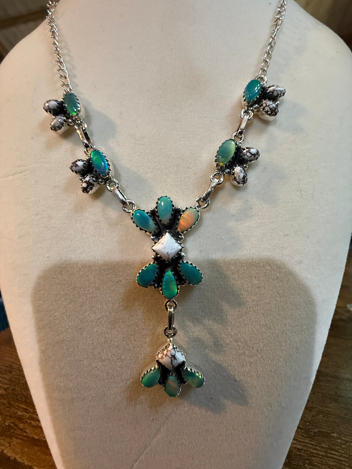 Green Abony and Wildhorse Turquoise Gemstone Lariat Necklace in Sterling Silver