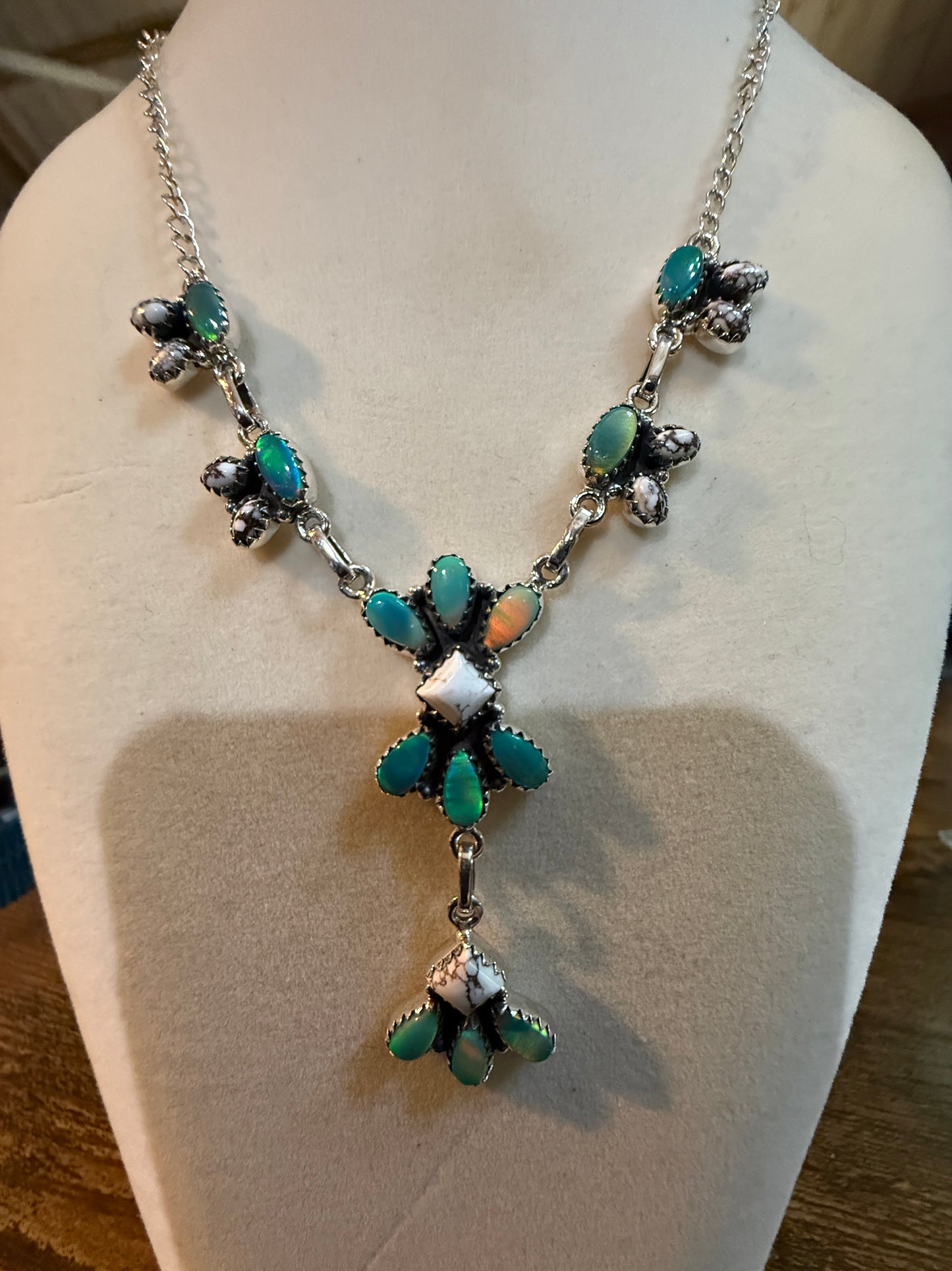 Green Abony and Wildhorse Turquoise Gemstone Lariat Necklace in Sterling Silver