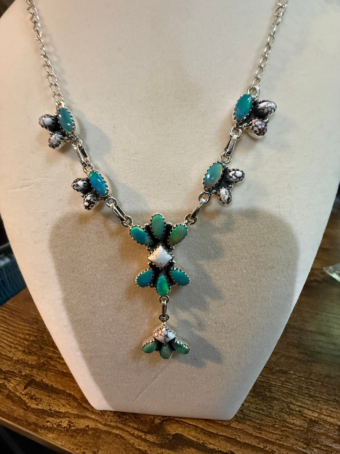 Green Abony and Wildhorse Turquoise Gemstone Lariat Necklace in Sterling Silver