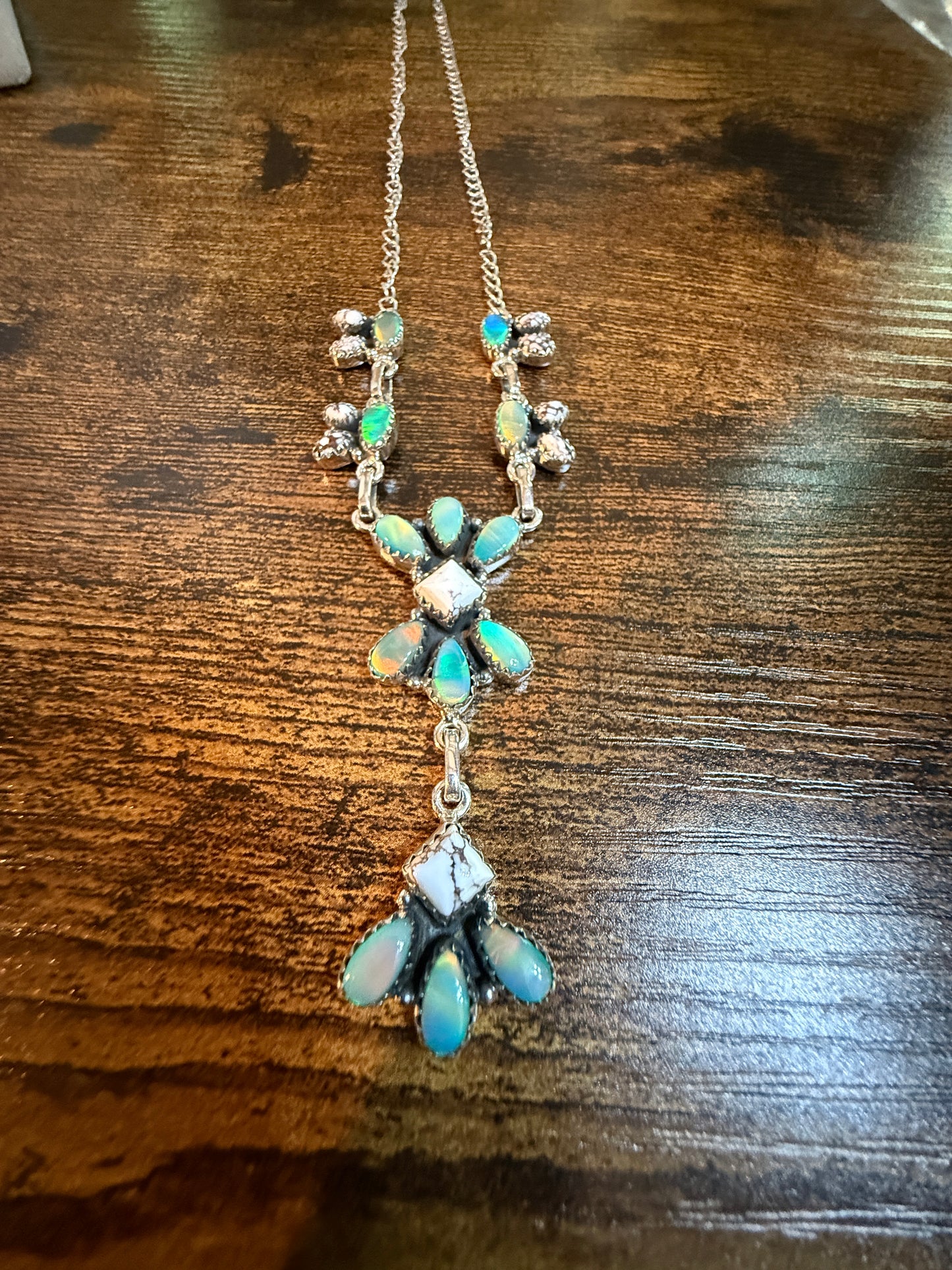 Green Abony and Wildhorse Turquoise Gemstone Lariat Necklace in Sterling Silver