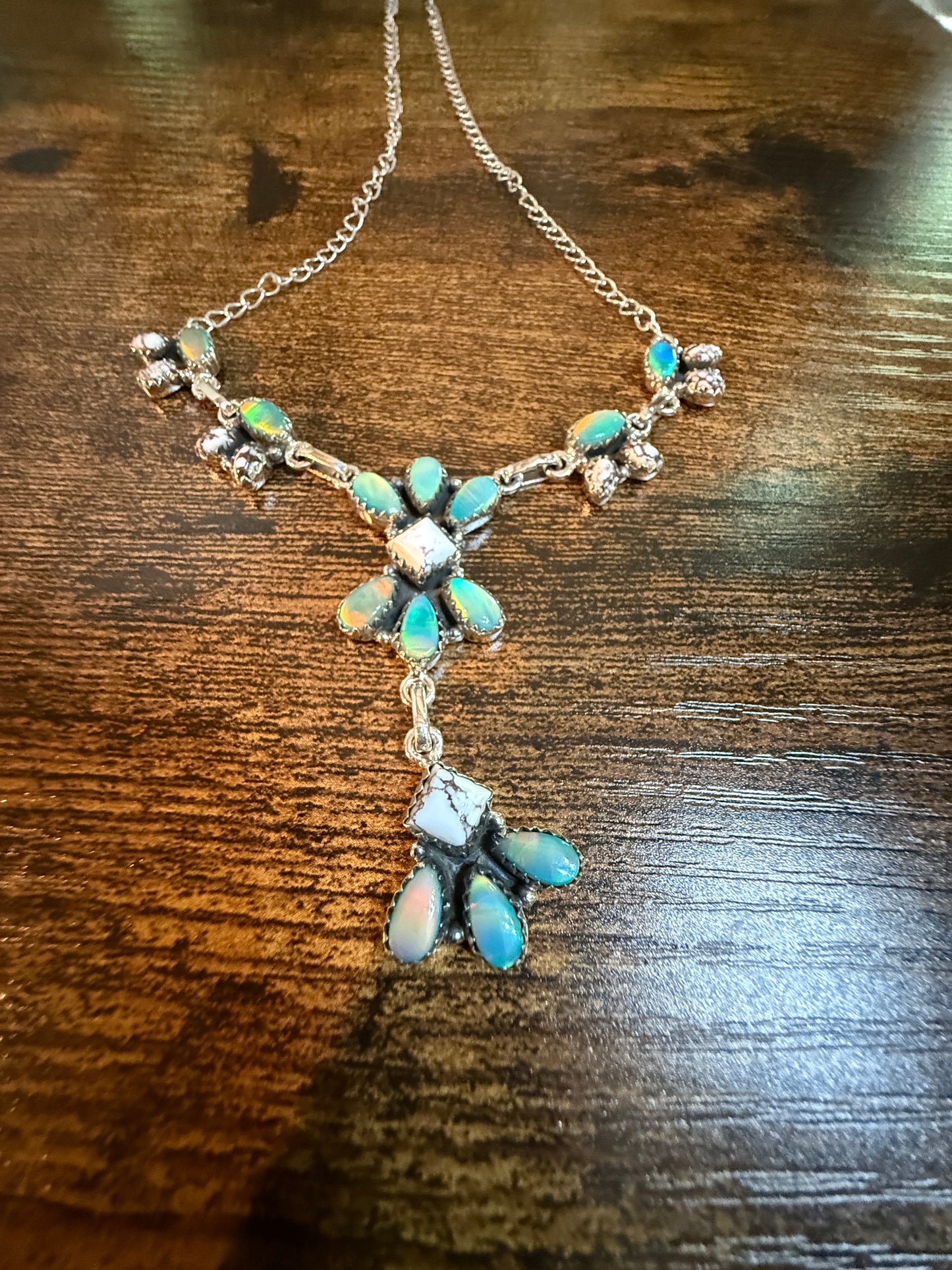 Green Abony and Wildhorse Turquoise Gemstone Lariat Necklace in Sterling Silver