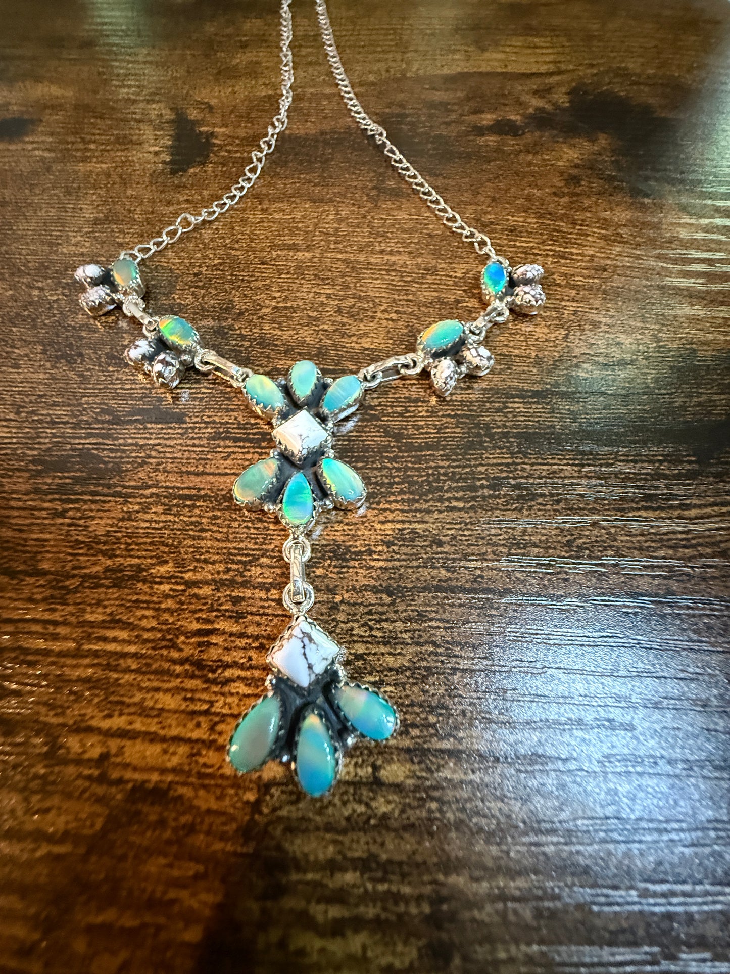 Green Abony and Wildhorse Turquoise Gemstone Lariat Necklace in Sterling Silver