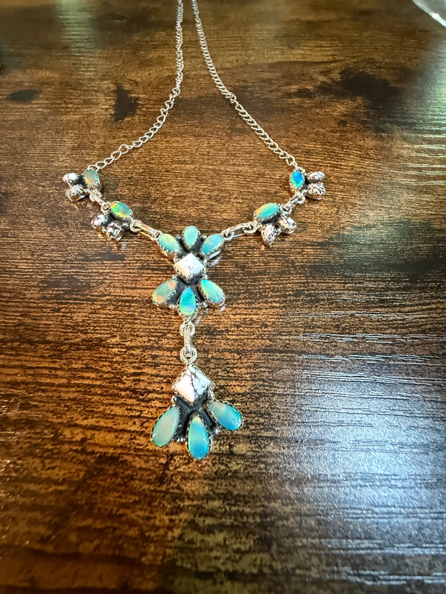 Green Abony and Wildhorse Turquoise Gemstone Lariat Necklace in Sterling Silver