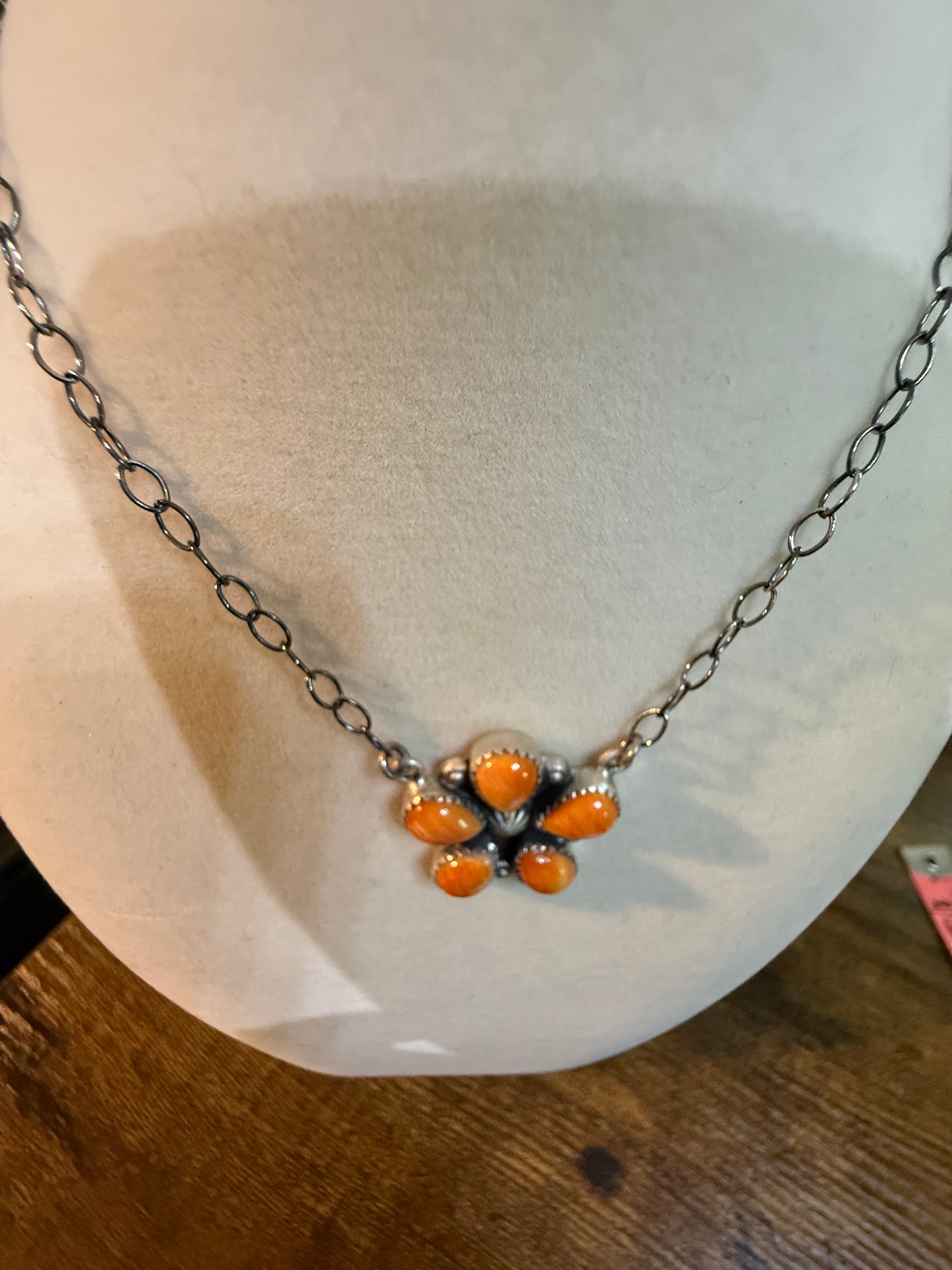 Navajo Orange Spiny Oyster Gemstone Floral Cluster Necklace Sterling Silver