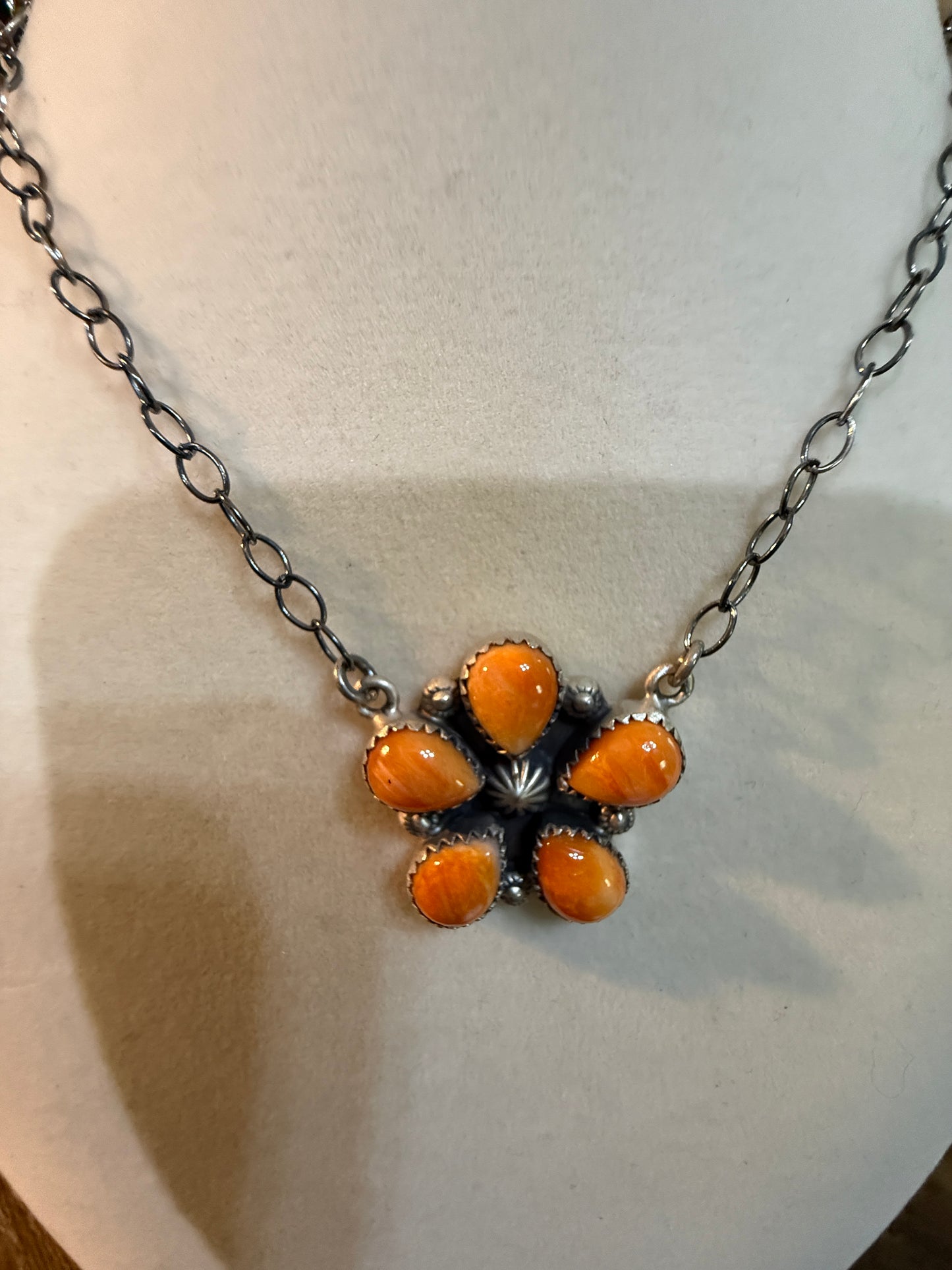 Navajo Orange Spiny Oyster Gemstone Floral Cluster Necklace Sterling Silver