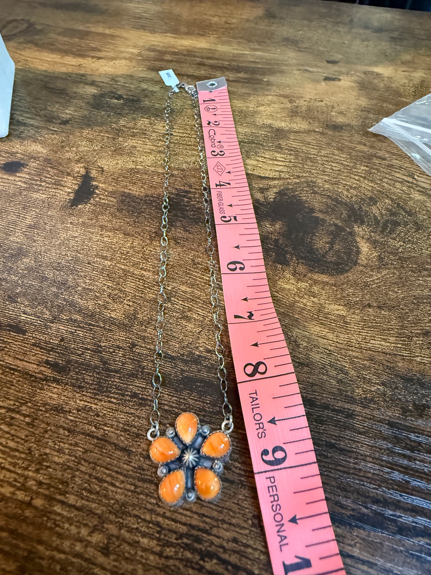 Navajo Orange Spiny Oyster Gemstone Floral Cluster Necklace Sterling Silver
