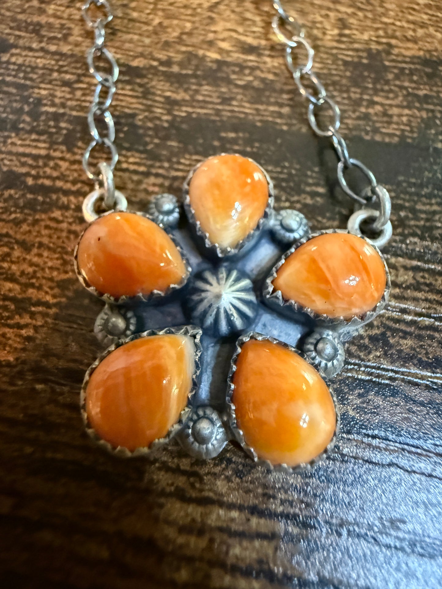 Navajo Orange Spiny Oyster Gemstone Floral Cluster Necklace Sterling Silver