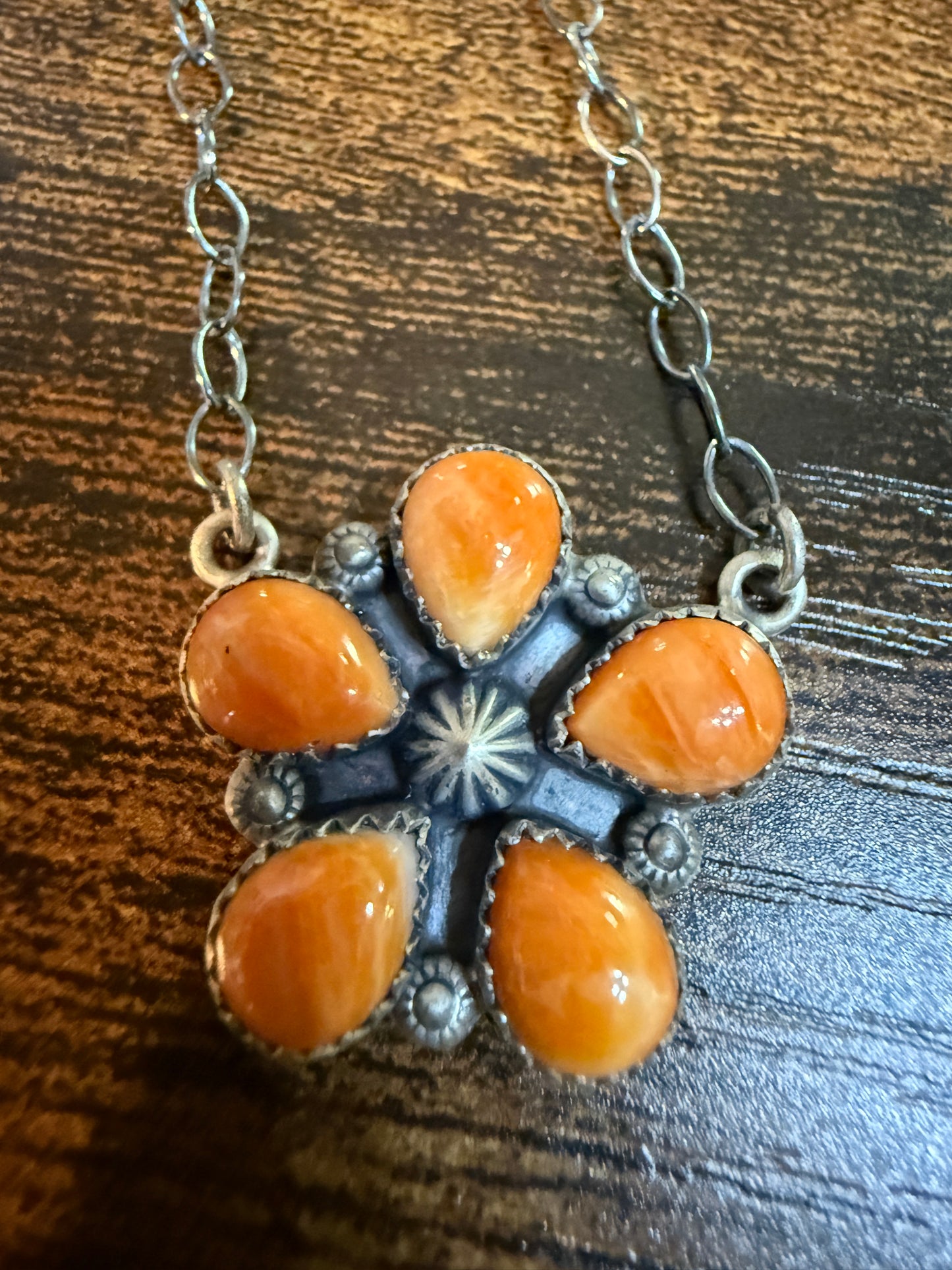 Navajo Orange Spiny Oyster Gemstone Floral Cluster Necklace Sterling Silver