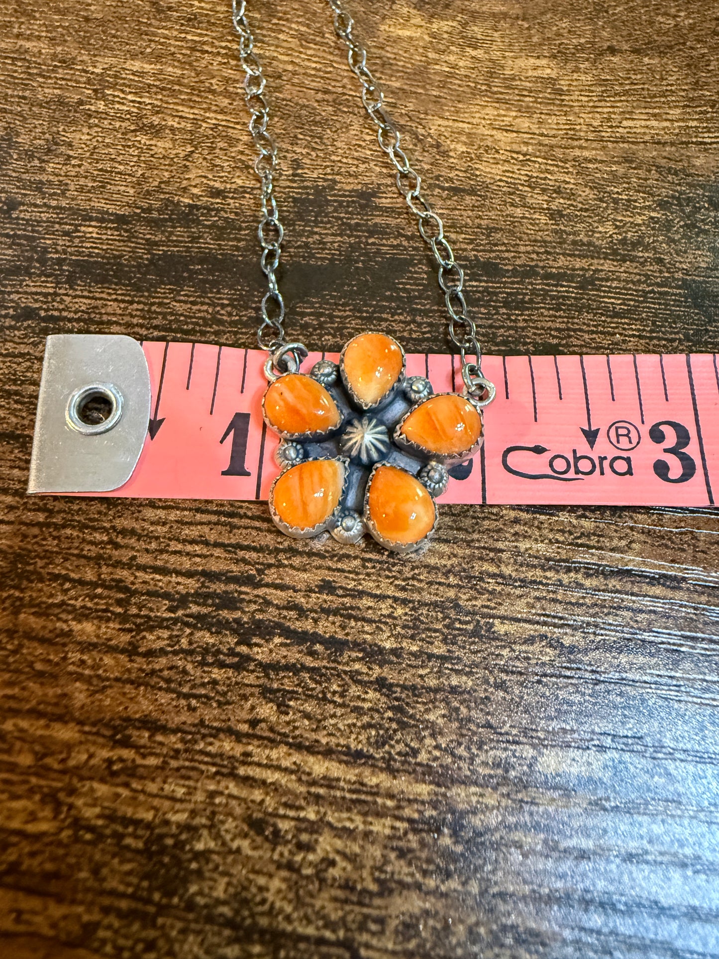 Navajo Orange Spiny Oyster Gemstone Floral Cluster Necklace Sterling Silver