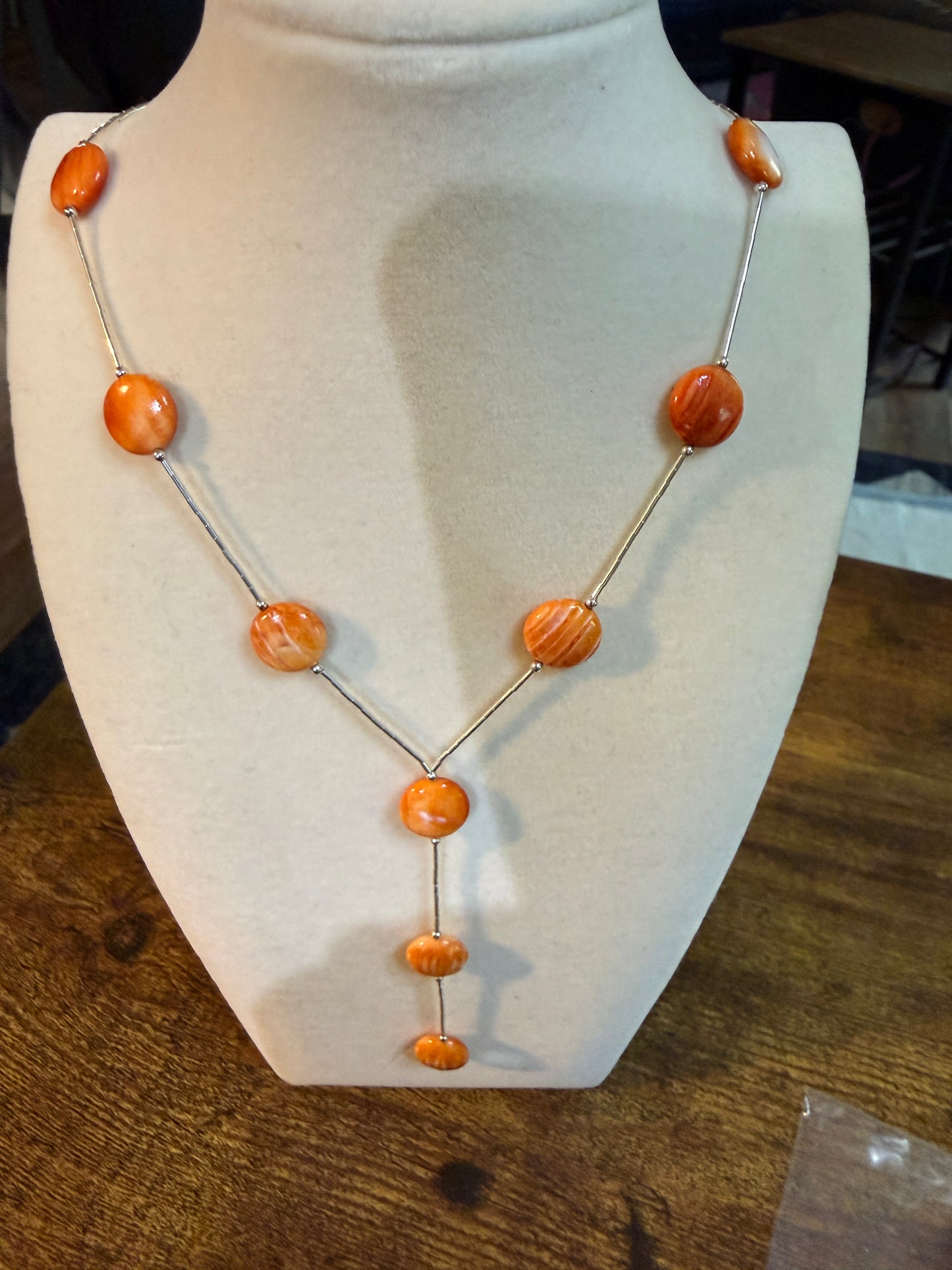 Navajo Style Spiny Oyster Gemstone Liquid Silver Lariat Necklace Sterling Silver