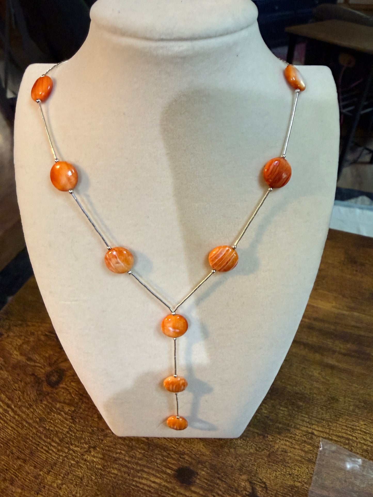 Navajo Style Spiny Oyster Gemstone Liquid Silver Lariat Necklace Sterling Silver