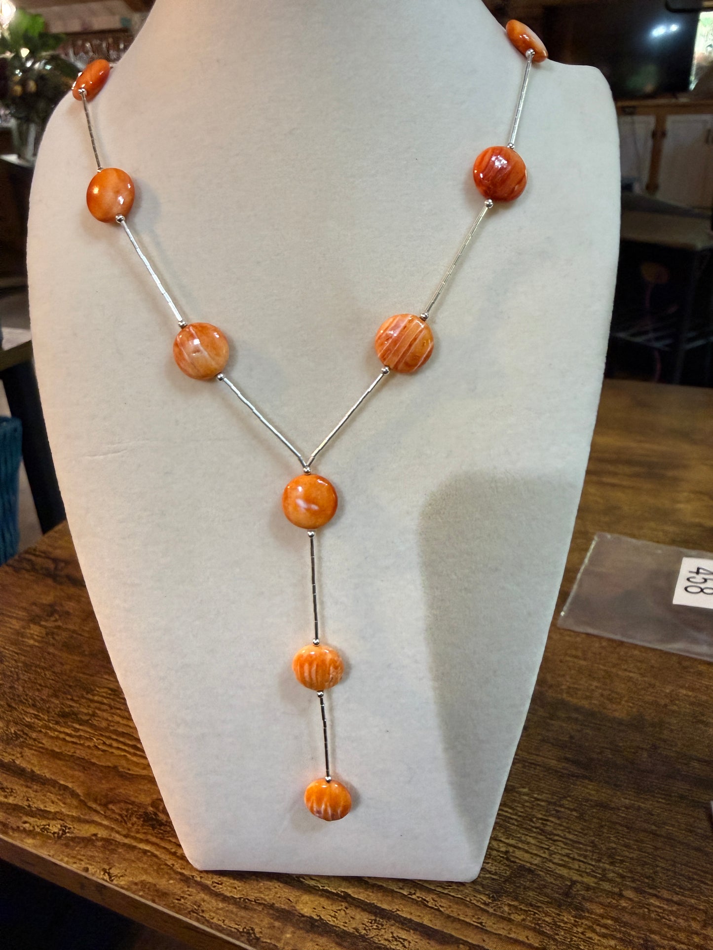 Navajo Style Spiny Oyster Gemstone Liquid Silver Lariat Necklace Sterling Silver