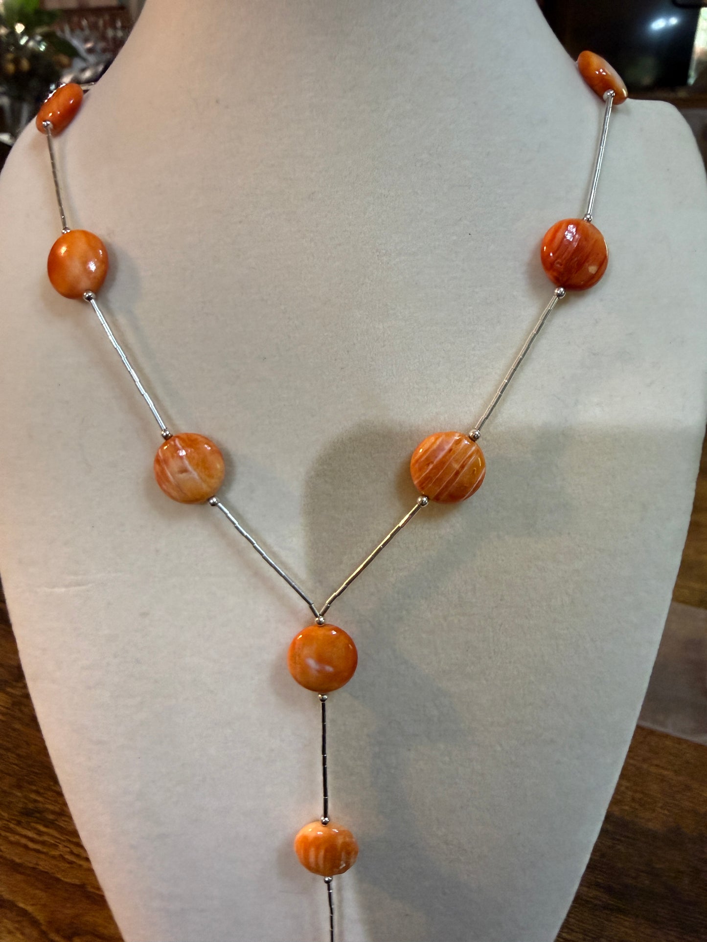 Navajo Style Spiny Oyster Gemstone Liquid Silver Lariat Necklace Sterling Silver