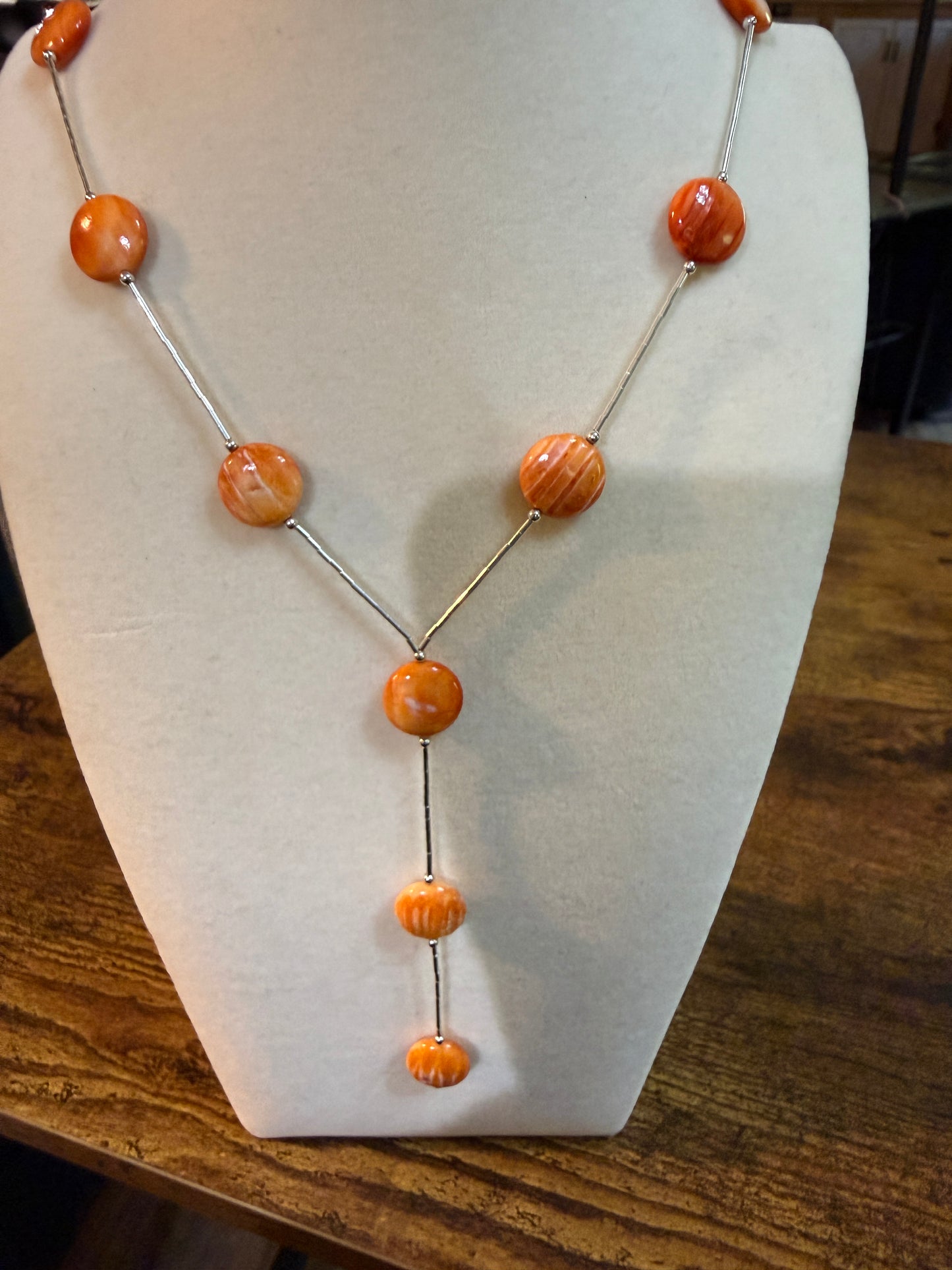 Navajo Style Spiny Oyster Gemstone Liquid Silver Lariat Necklace Sterling Silver