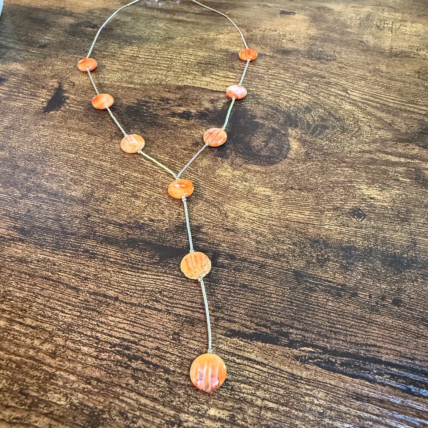 Navajo Style Spiny Oyster Gemstone Liquid Silver Lariat Necklace Sterling Silver