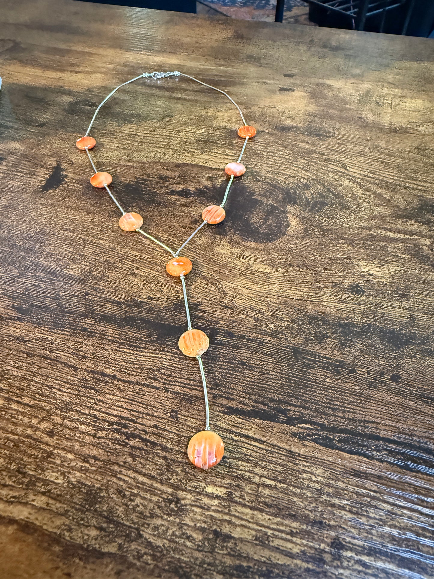 Navajo Style Spiny Oyster Gemstone Liquid Silver Lariat Necklace Sterling Silver