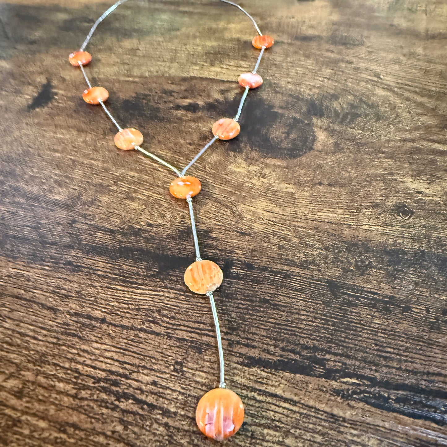Navajo Style Spiny Oyster Gemstone Liquid Silver Lariat Necklace Sterling Silver