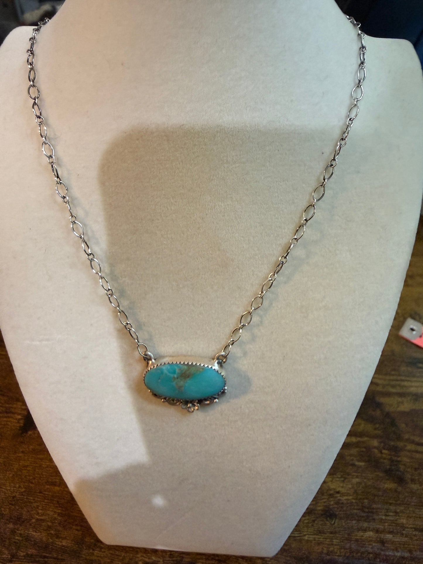 Native Inspired Kingman Turquoise Gemstone Necklace With 18 Inch Chain Sterling Silver
