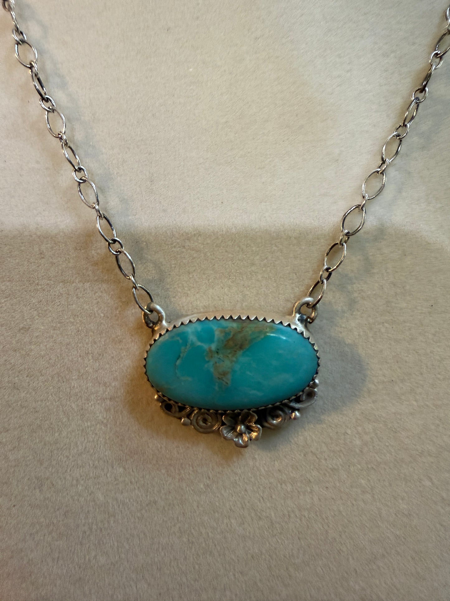 Native Inspired Kingman Turquoise Gemstone Necklace With 18 Inch Chain Sterling Silver
