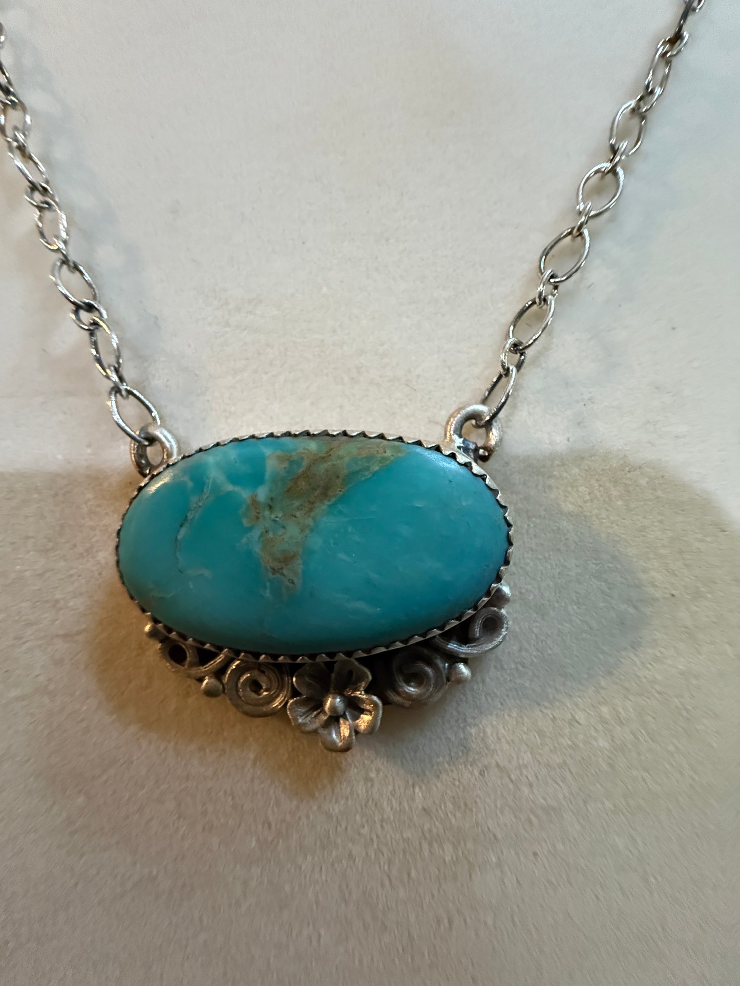 Native Inspired Kingman Turquoise Gemstone Necklace With 18 Inch Chain Sterling Silver