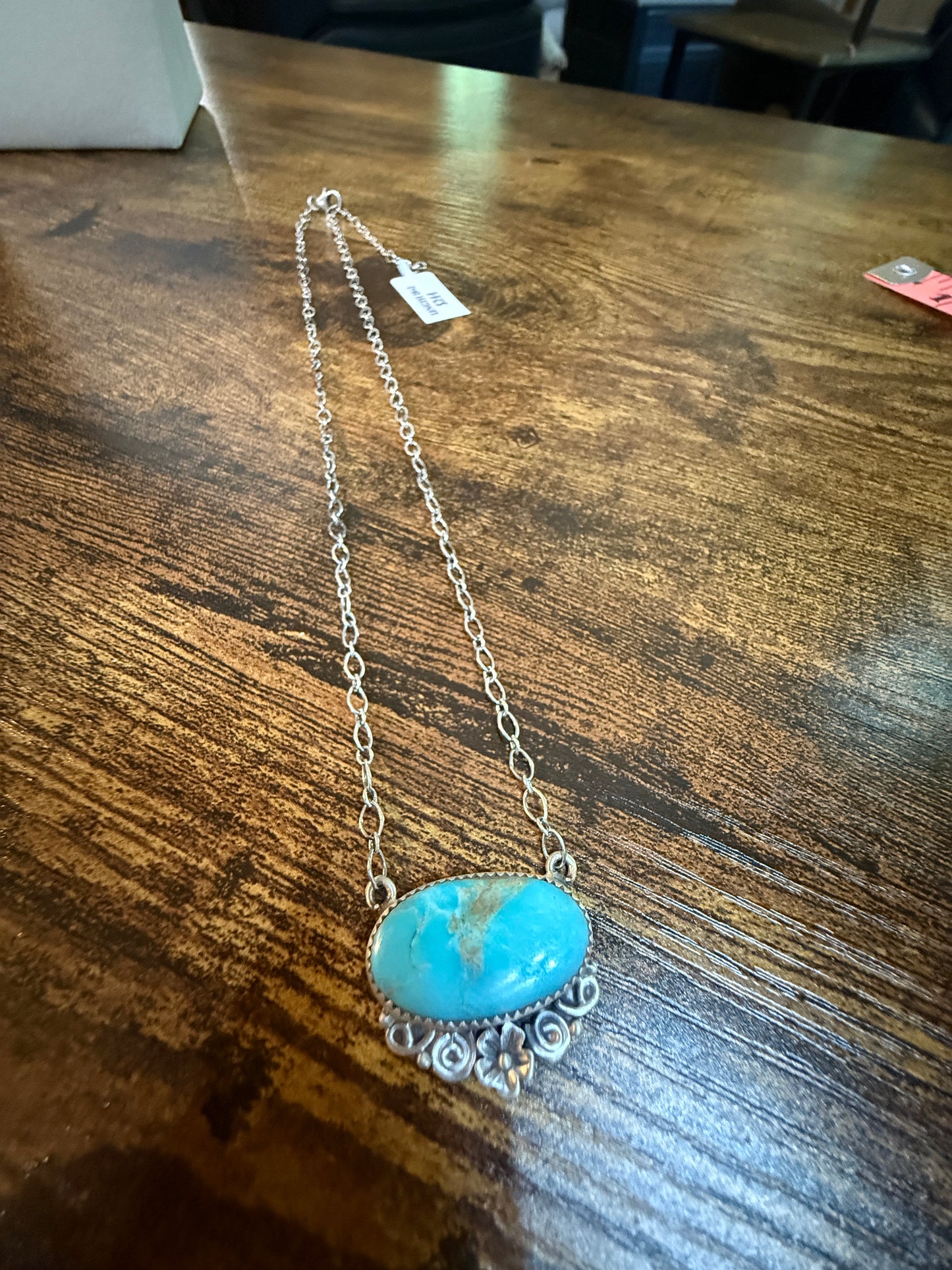 Native Inspired Kingman Turquoise Gemstone Necklace With 18 Inch Chain Sterling Silver