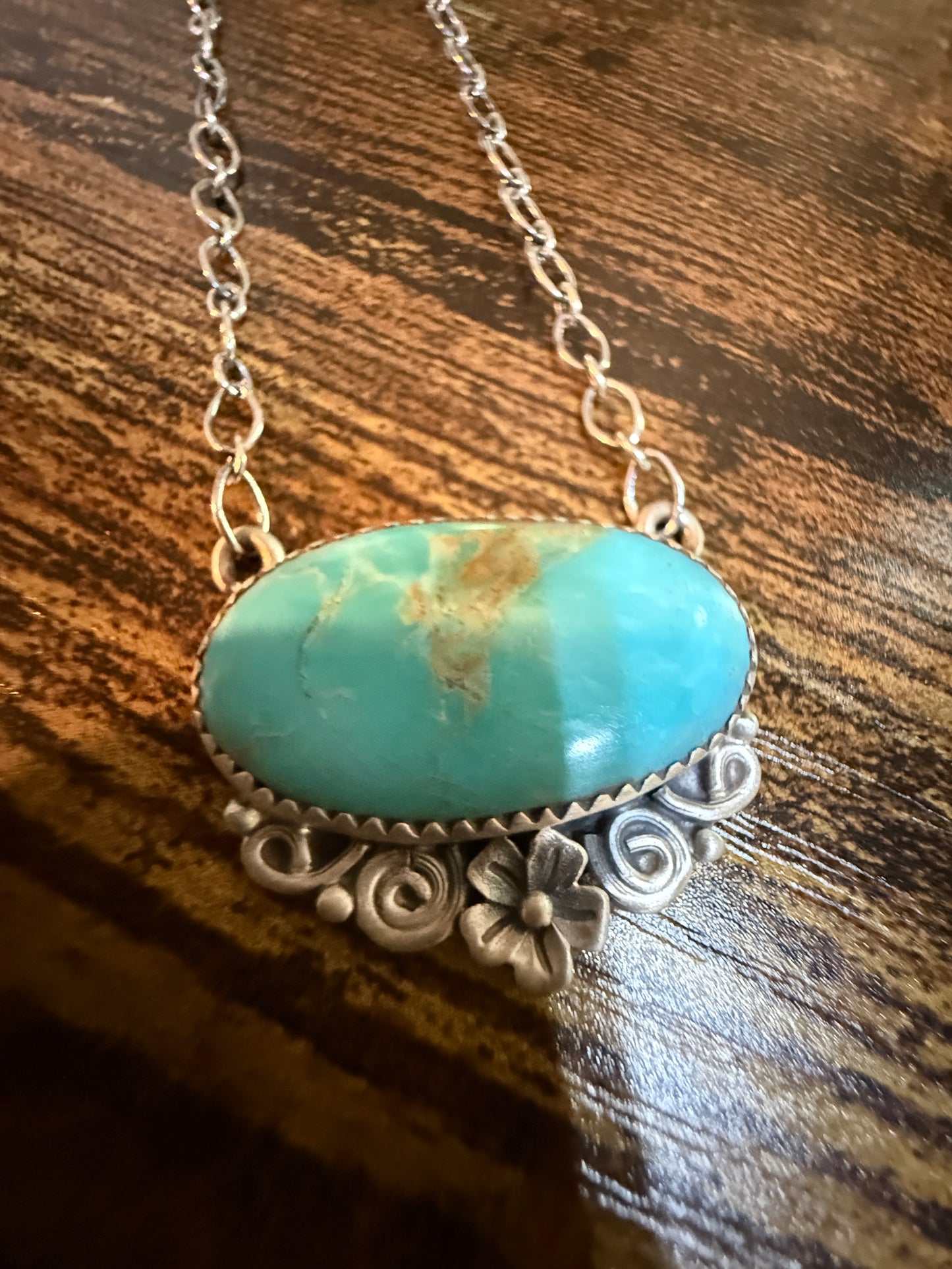 Native Inspired Kingman Turquoise Gemstone Necklace With 18 Inch Chain Sterling Silver