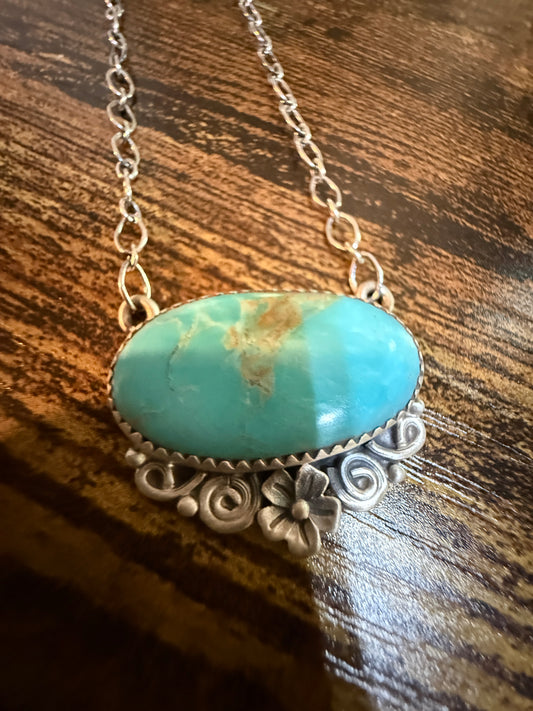 Native Inspired Kingman Turquoise Gemstone Necklace With 18 Inch Chain Sterling Silver Wild West Boho