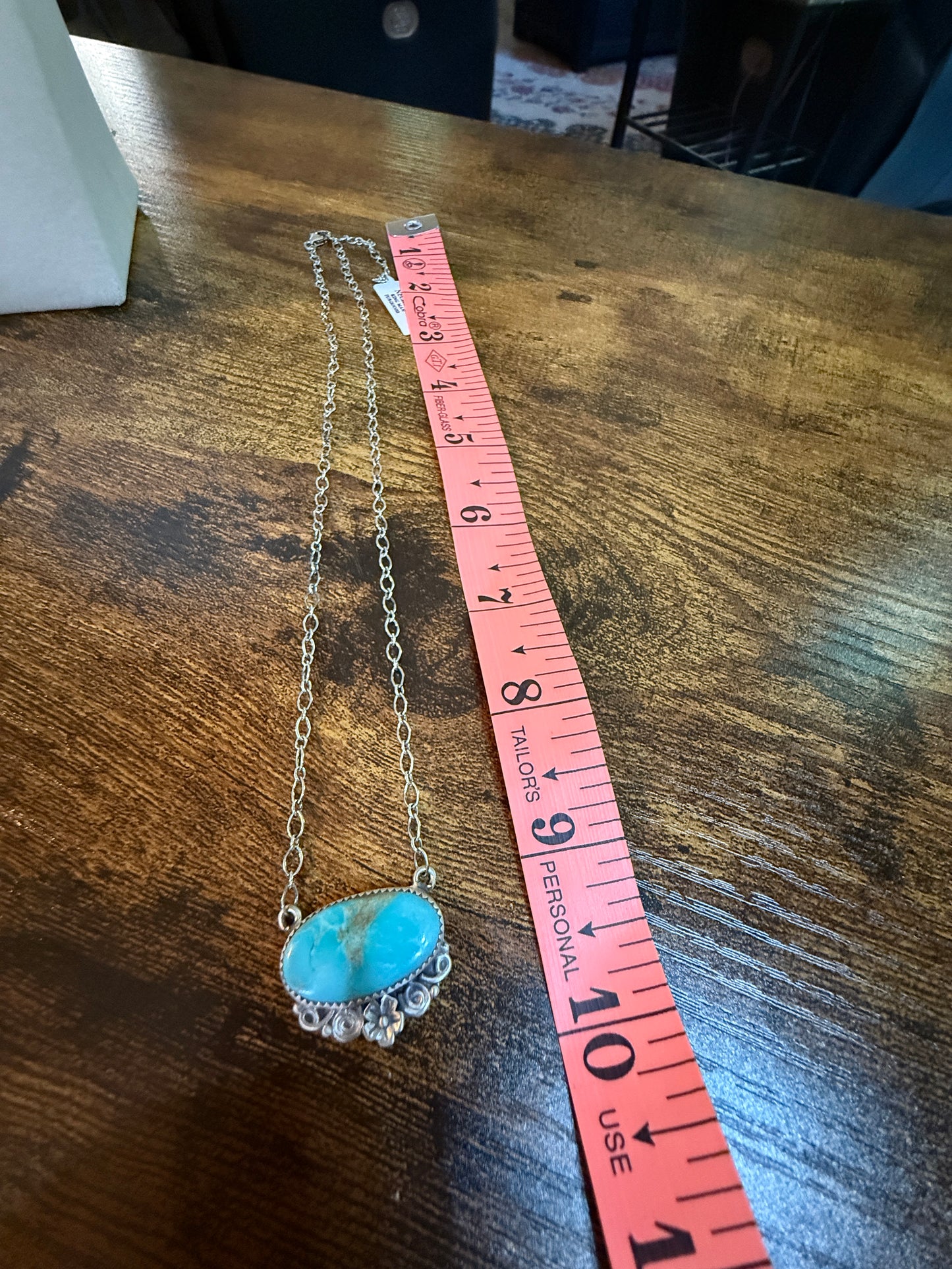 Native Inspired Kingman Turquoise Gemstone Necklace With 18 Inch Chain Sterling Silver