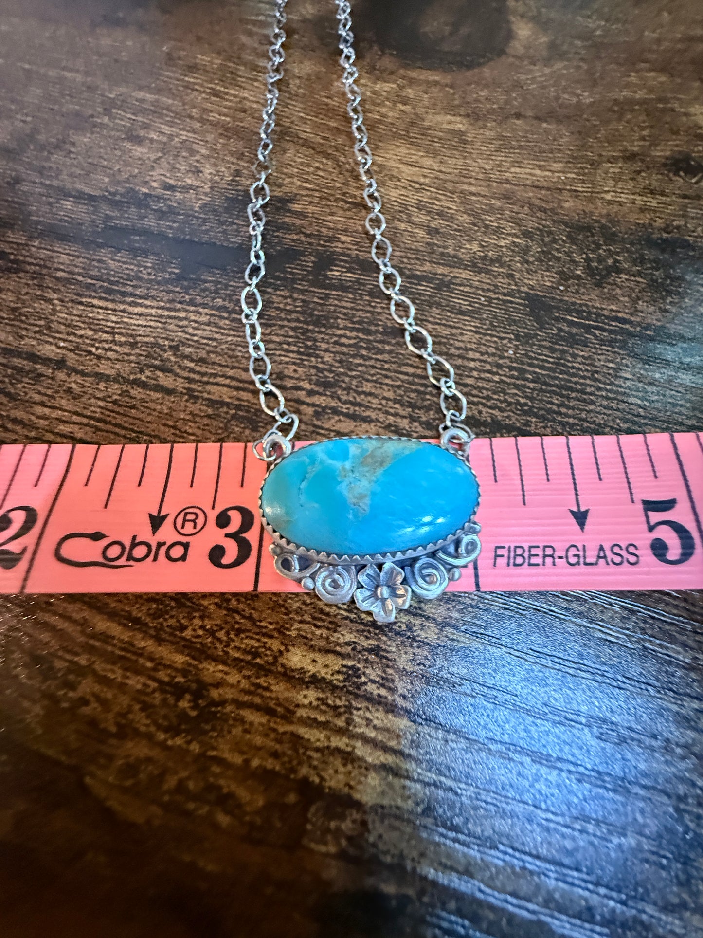 Native Inspired Kingman Turquoise Gemstone Necklace With 18 Inch Chain Sterling Silver