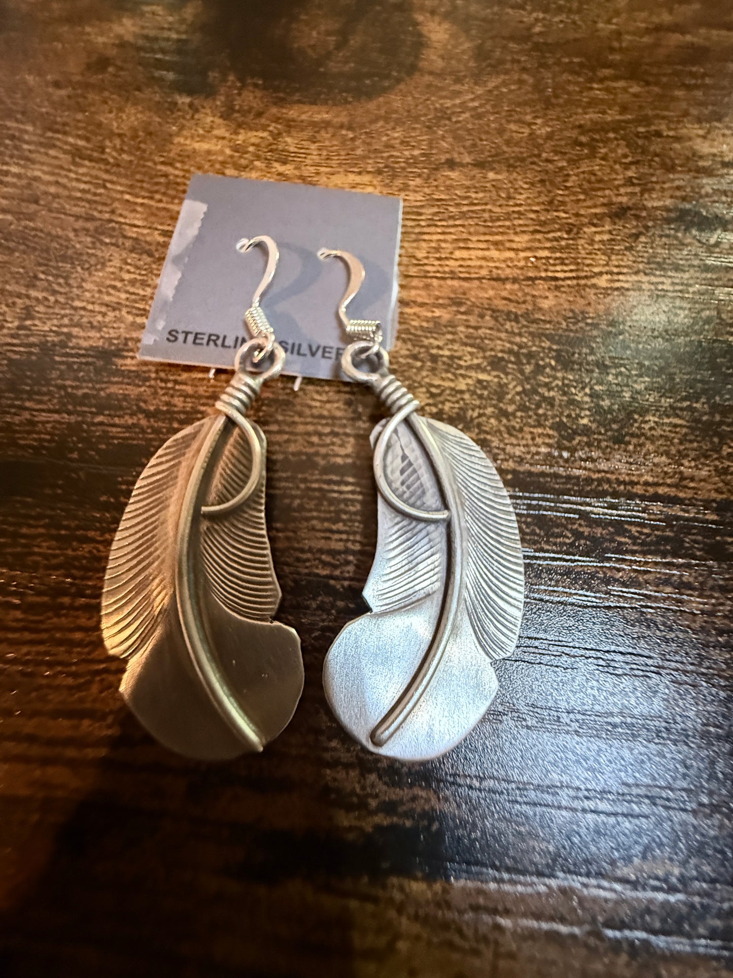 Native Handmade Feather Wire Drop Earrings Sterling Silver