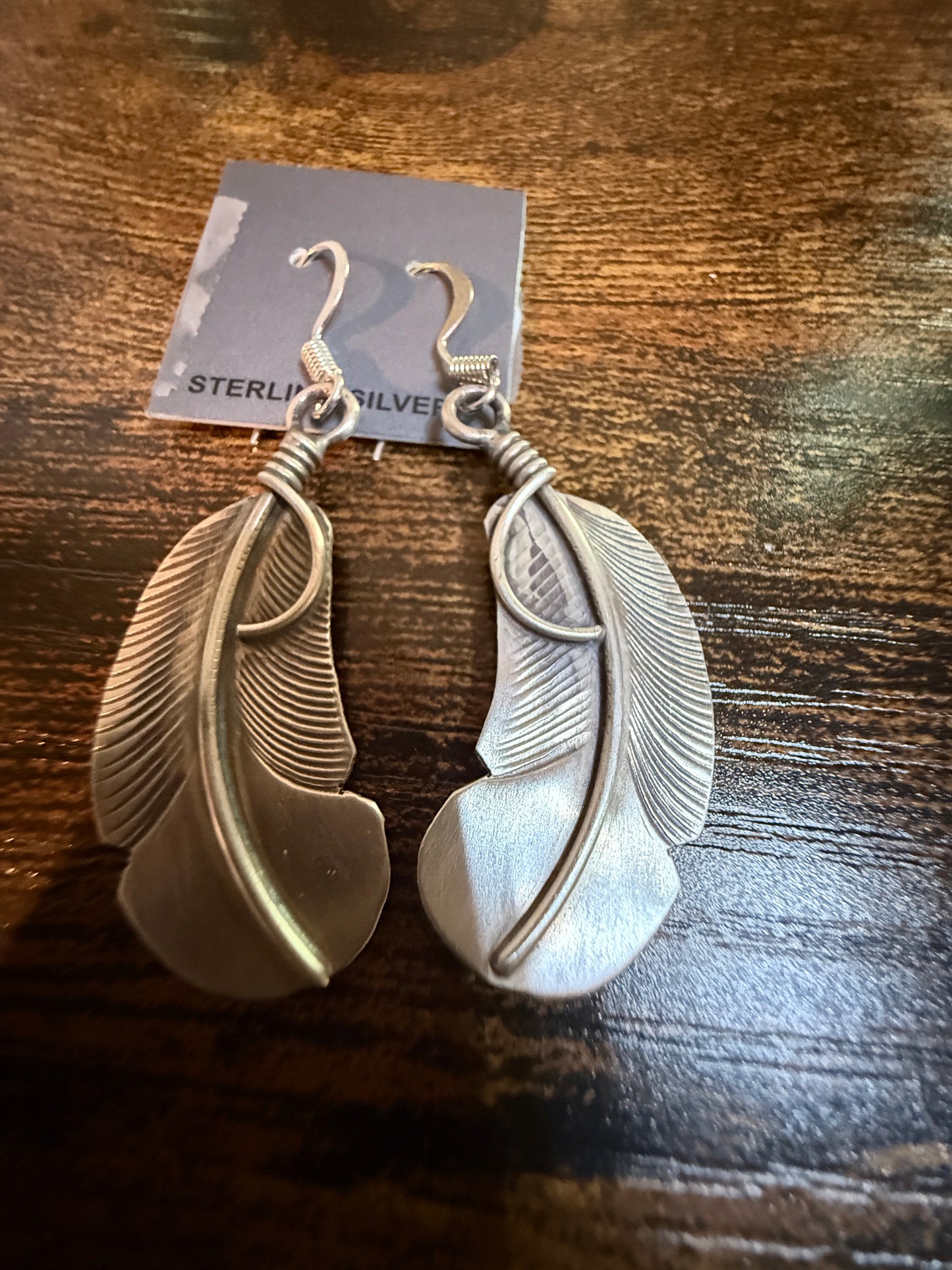 Native Handmade Feather Wire Drop Earrings Sterling Silver