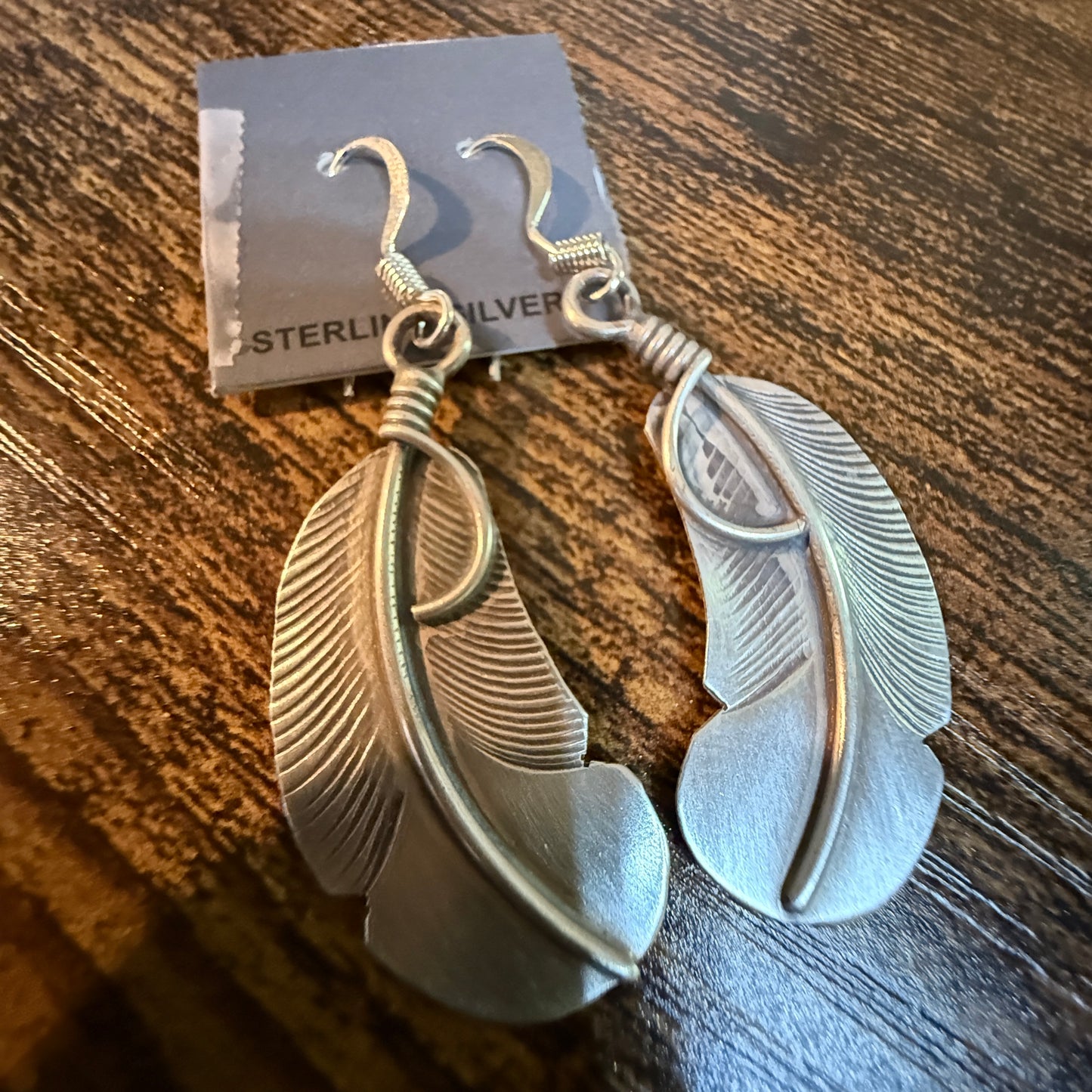 Native Handmade Feather Wire Drop Earrings Sterling Silver