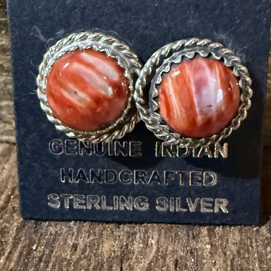 Navajo Handmade Spiny Oyster Gemstone Sterling Silver Signed Stud Earrings