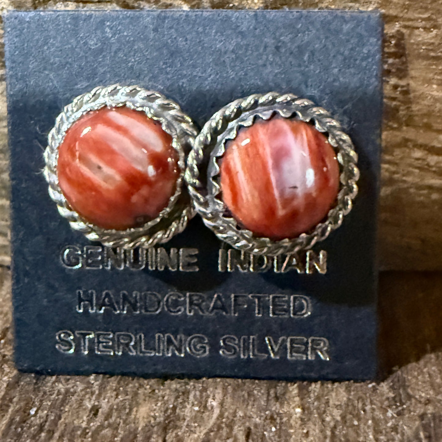 Navajo Handmade Spiny Oyster Gemstone Sterling Silver Signed Stud Earrings