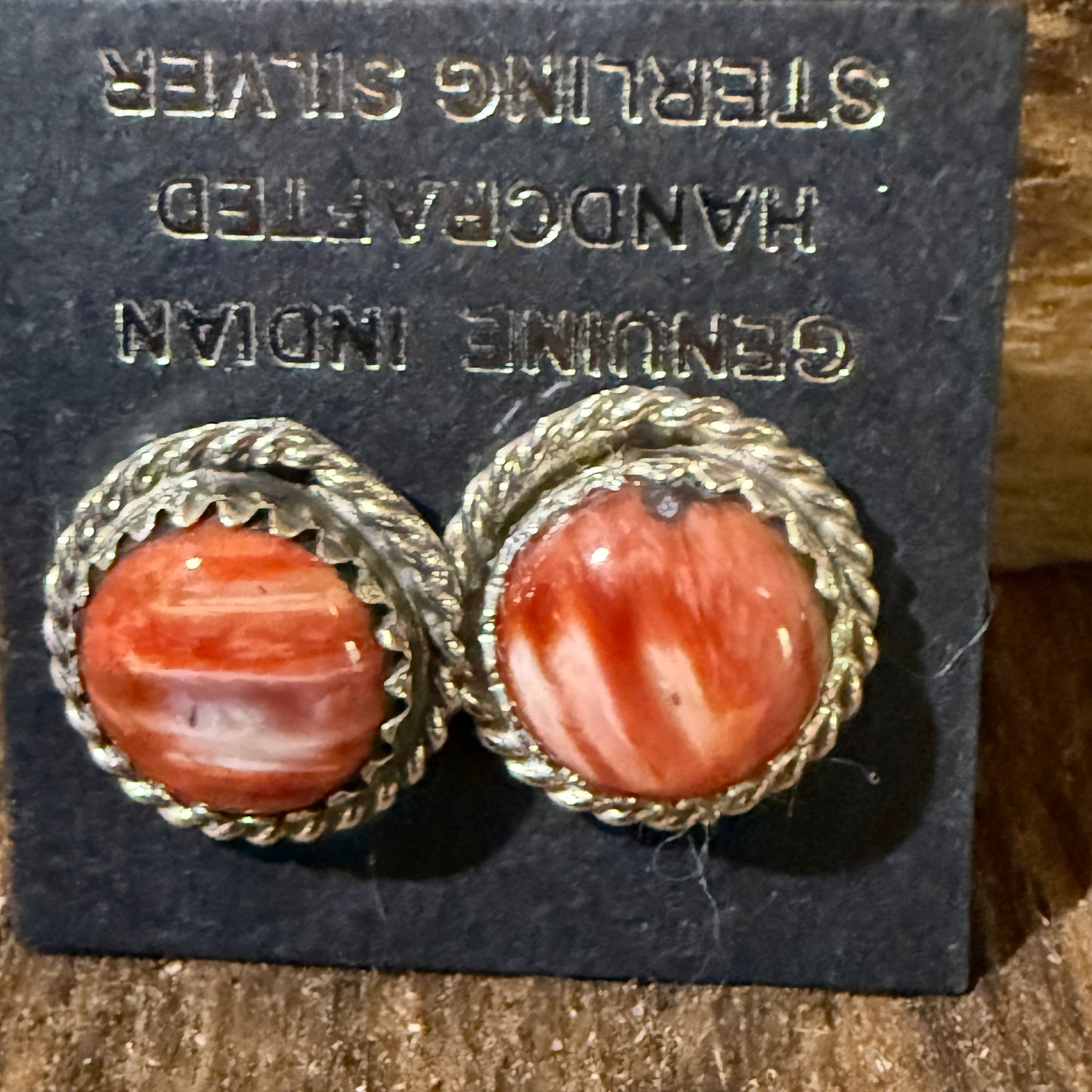 Navajo Handmade Spiny Oyster Gemstone Sterling Silver Signed Stud Earrings