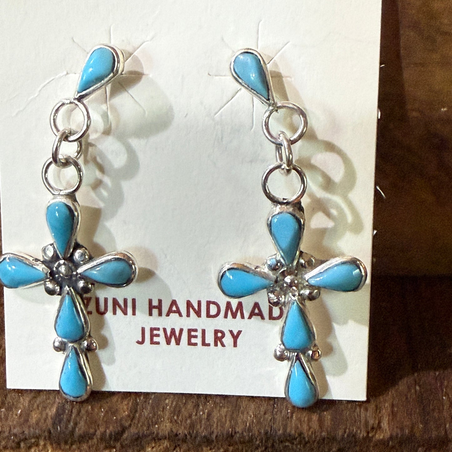 Zuni Kingman Turquoise Bryce Cross Earrings Sterling Silver Drop