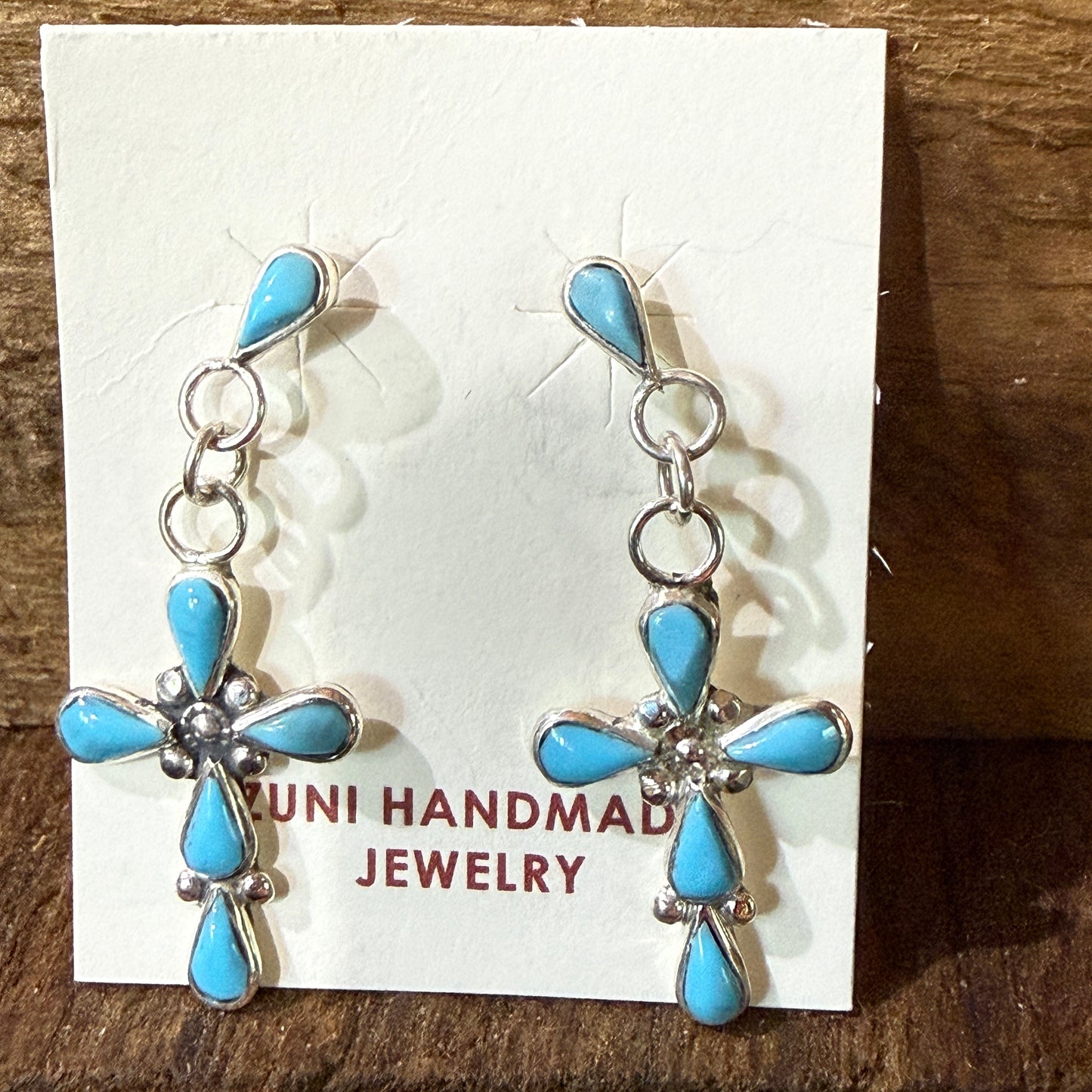 Zuni Kingman Turquoise Bryce Cross Earrings Sterling Silver Drop