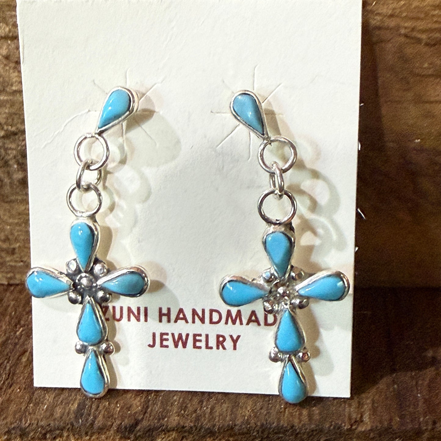 Zuni Kingman Turquoise Bryce Cross Earrings Sterling Silver Drop