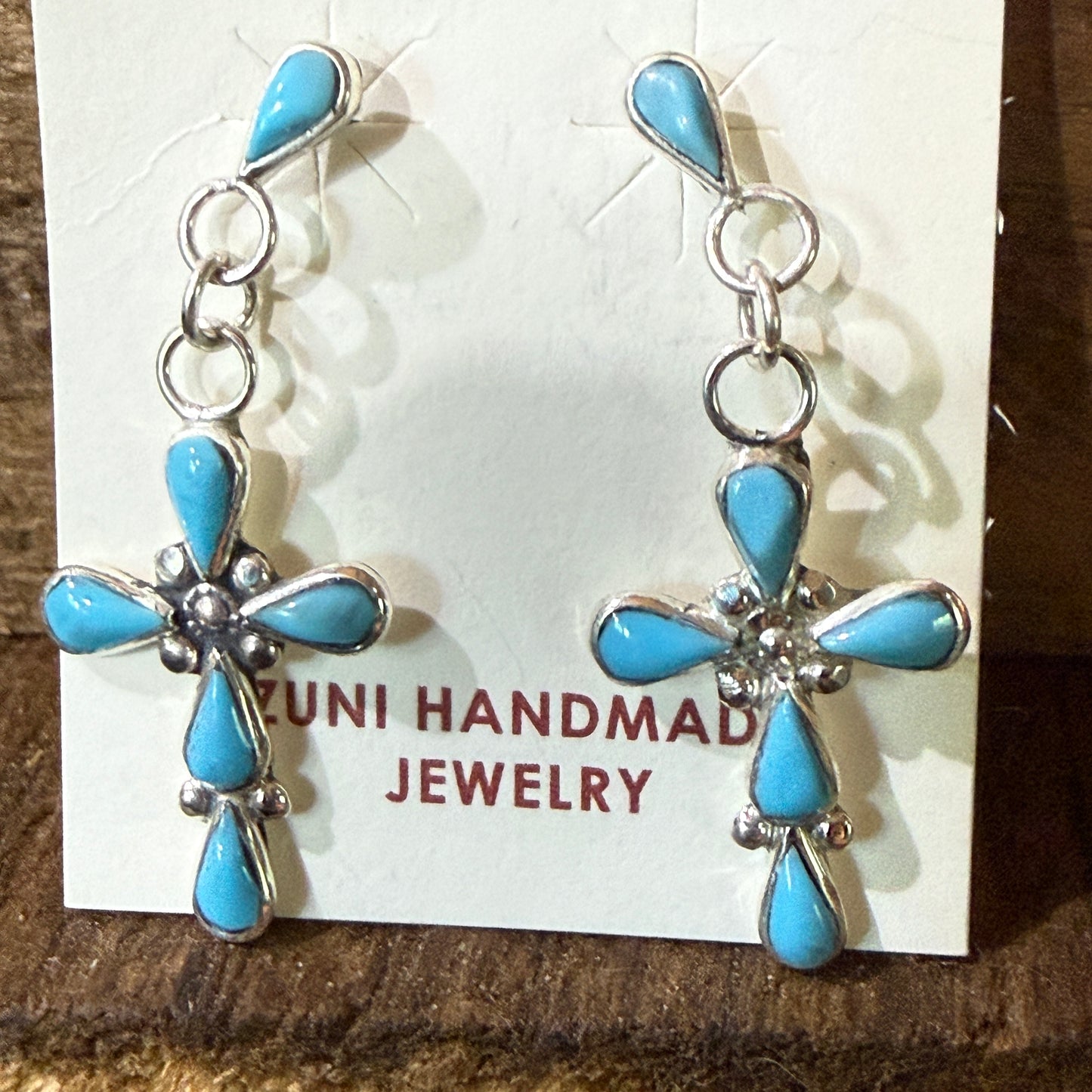 Zuni Kingman Turquoise Bryce Cross Earrings Sterling Silver Drop