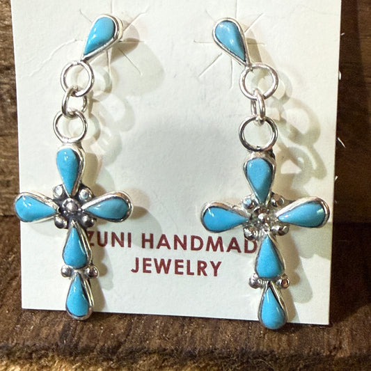 Zuni Kingman Turquoise Bryce Cross Earrings Sterling Silver Drop
