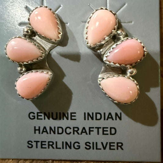 Navajo Handmade Pink Conch Stud Earring Half Cluster Sterling Silver 1 Inch