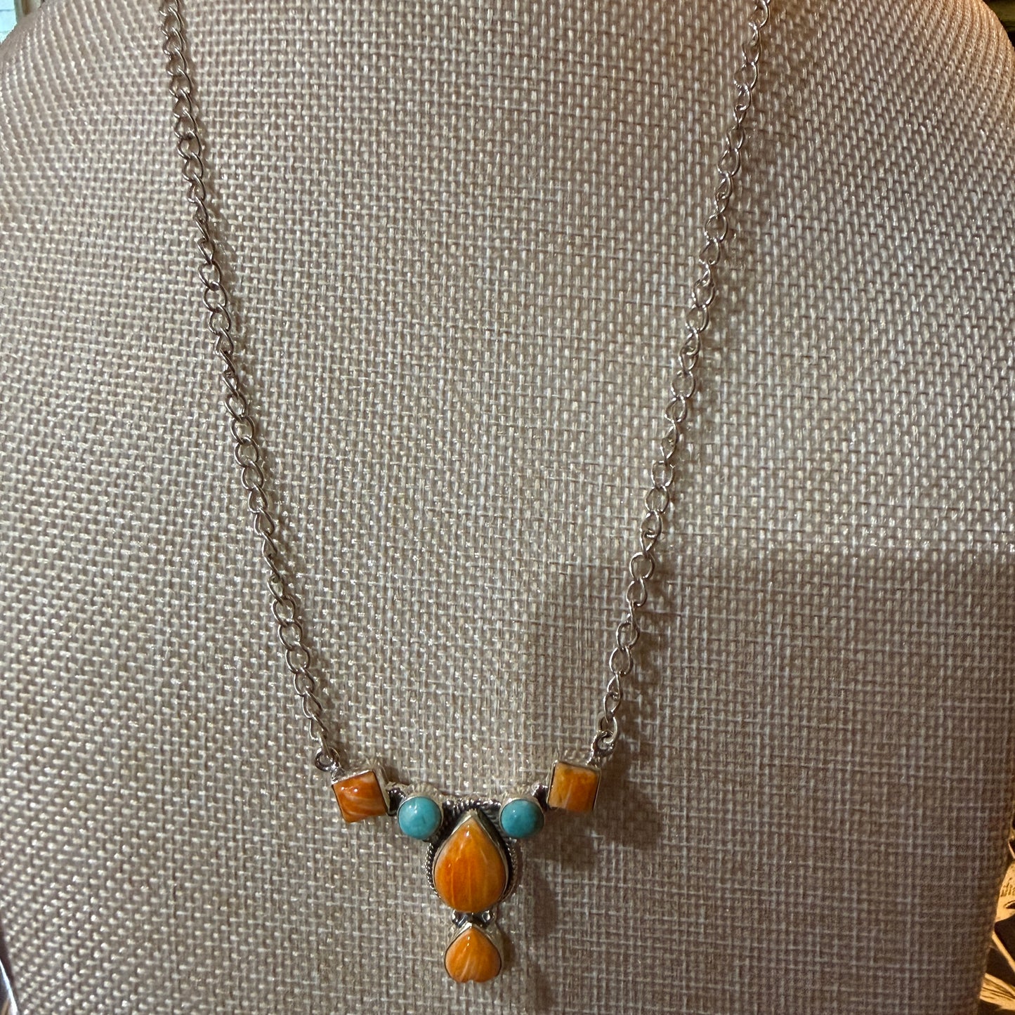 Orange Spiny Oyster Kingman Turquoise Gemstone Necklace 18 Inch Chain